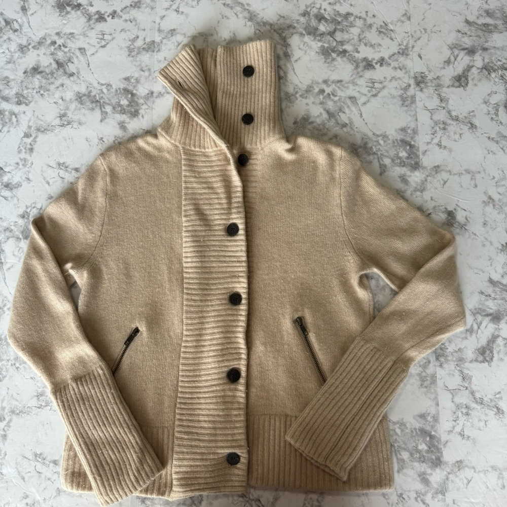 J. Crew ribbed cream cardigan, big  buttons, side pockets. Size L but run like M